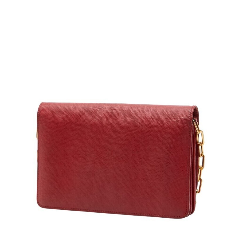 Prada Red Shoulder Bag Leather Saffiano Gold Wallet Chain Red Gold